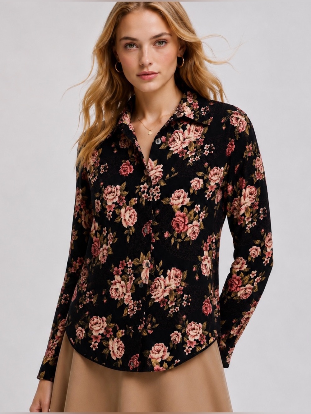 ERIKA Women’s Black Floral Baby Corduroy Button-Up Shirt Long Sleeve Size M
